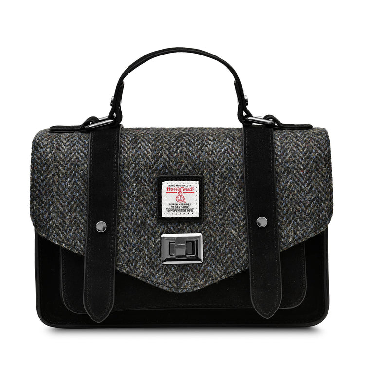 Harris Tweed Handtasche  Schwarzes und graues Veloursleder The Islander (Große Handtasche)